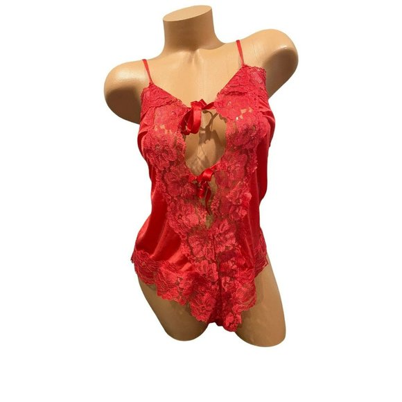 1X Plus Vintage Nylon Satin Teddy Babydoll Romper Lingerie Lace Sissy‎ Red Lace